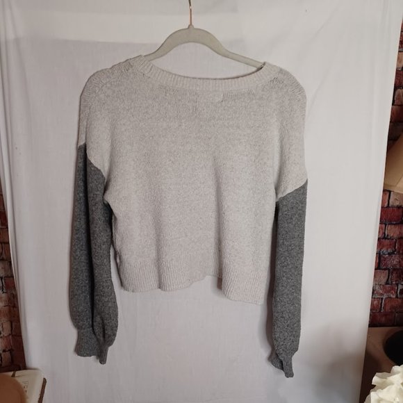Ruby Moon Two-Toned Gray Crop Sweater | Small | Trendy Varsity Sleeves - Picture 3 of 5